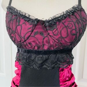 Coquette Women's Lace-Trimmed Satin Chemise in Magenta and Black